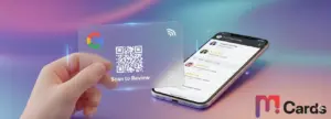 Digital visiting card displayed on a smartphone with NFC-enabled card and QR code, modern gradient background, and M Cards logo representing smart networking solutions.