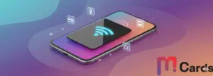 NFC card being tapped on smartphone with glowing wireless icon, gradient background, and M Cards logo representing contactless technology and beginner guide.