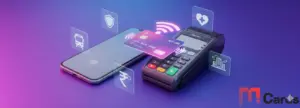 Futuristic NFC card glowing with wireless signals, used for payments, healthcare, transport, and smart cities in 2025 with M Cards logo.